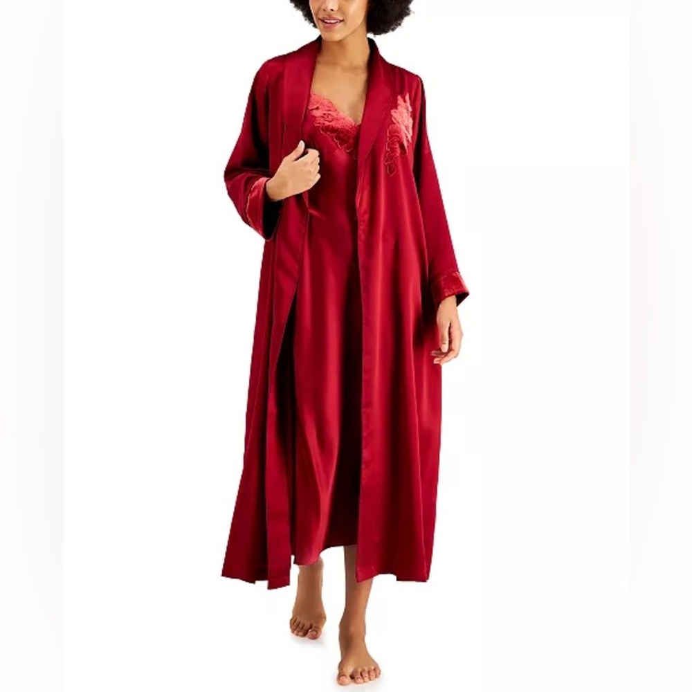 INC Intimates Cherry Red Long Robe Embroidered Velvet Trim Belted NWT‎